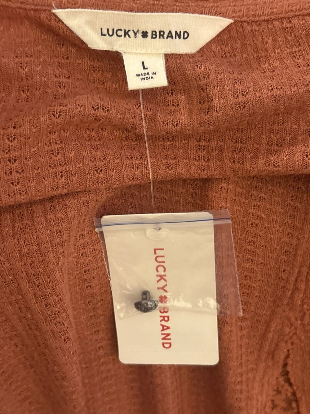 Lucky Brand Women's Henley Lace Godet Swing Top Size L Coral  Linen Blend NWT - Picture 7 of 8